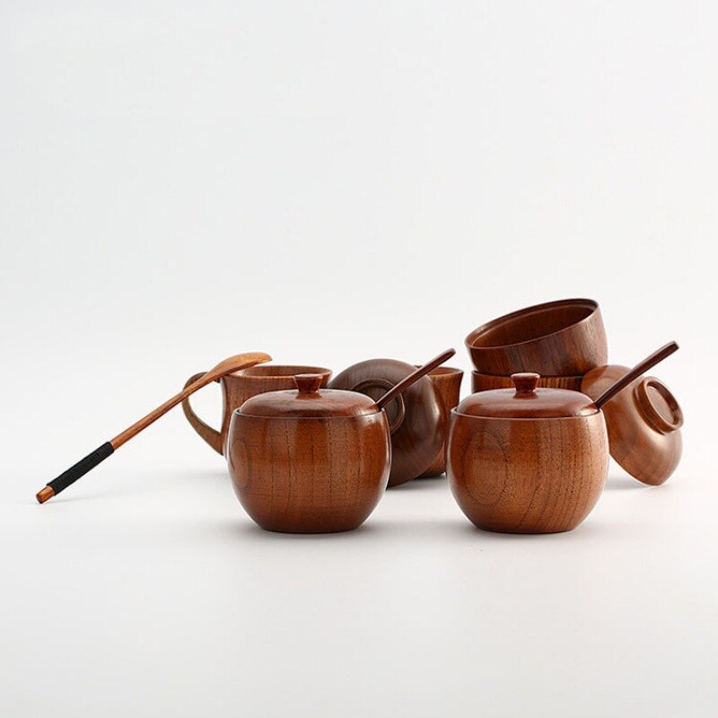 Tarros de madera Natural para condimentos, cuchara, Bol de azúcar y sal de estilo japonés, contenedor de almacenamiento con tapa, utensilios de cocina