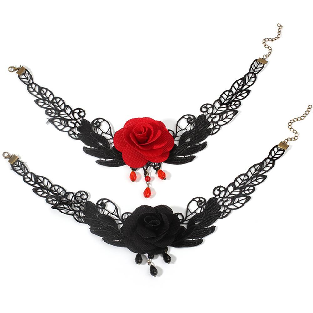 Gothic Lolita Black Lace Korte Keten Choker Sexy Kwasten Ketting Hollow Out Big Rose Flower Punk Handgemaakte Bruiloft Sieraden