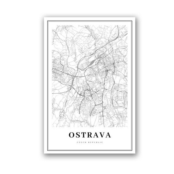 Czarny biały ostrawa i ostrawa czechy mapa miasta plakat na płótnie czechy drukowany obraz ścienny Nordic ozdobny obraz Home Decor: 20x25 cm No Frame / PC731