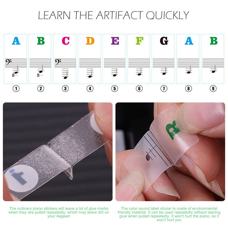 Klawiatura muzyczna naklejki na pianino kolorowe przezroczyste wymienny klawiatura pianina uwaga naklejki dla 37 49 54 61 88 klawisze klawiatury
