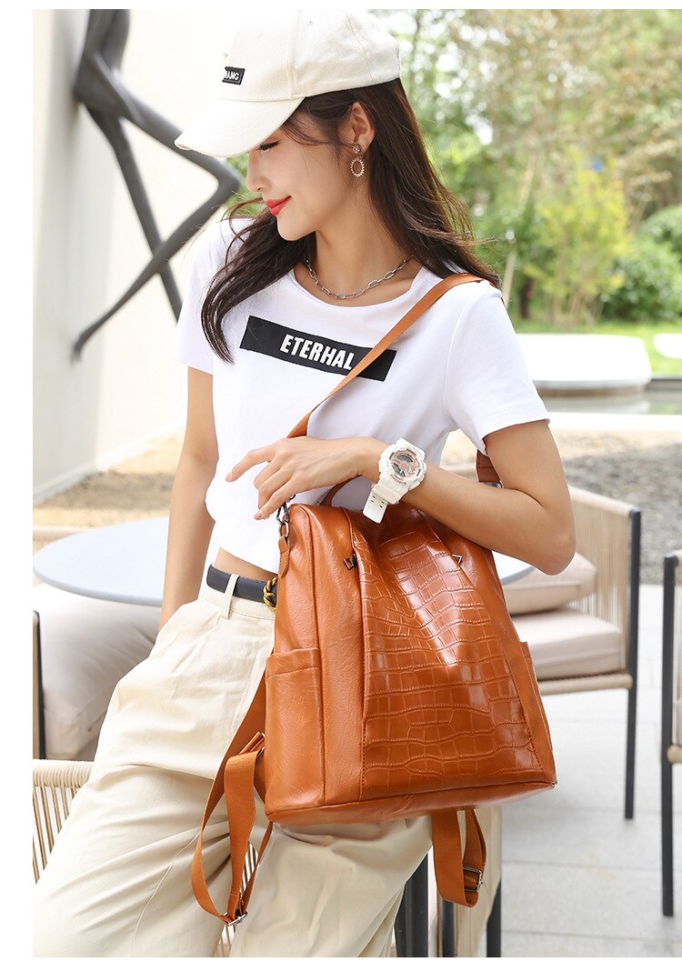 Anti-theft women Backpacks big capacity PU leather School Bags For Girls Crocodile Female Shoulder Bag Travel Backpack Daypack