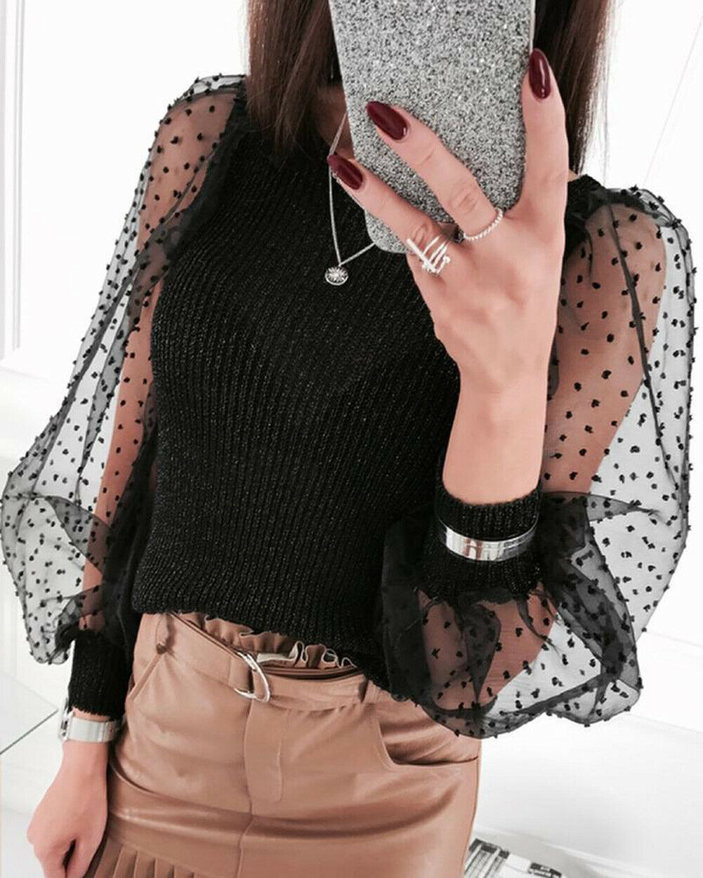 T-shirt à manches longues pour femme, haut transparent en maille transparente, nouvelle: Black / XL