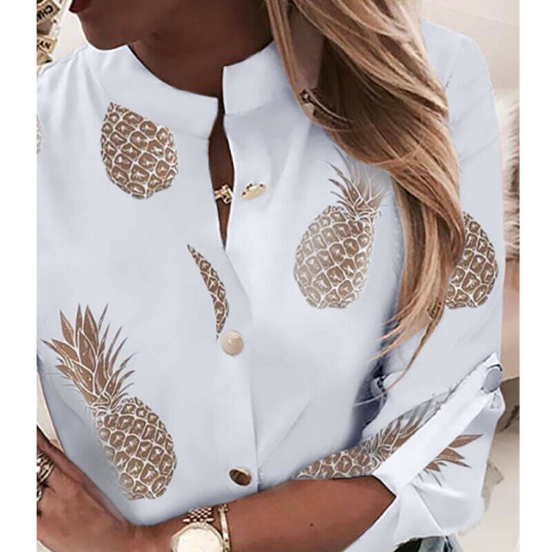 Chemisier à manches longues et col en v pour femme, imprimé ananas doré, idéal pour le bureau, les fêtes, le streetwear, grande taille