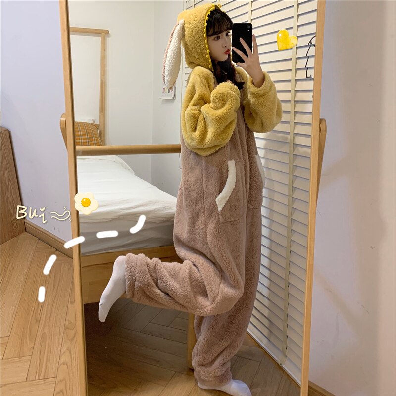 Inverno quente adulto onesie pijamas mulheres kawaii coelho animal flanela cosplay traje adolescente meninas lolita rosa pelúcia fofo pijamas