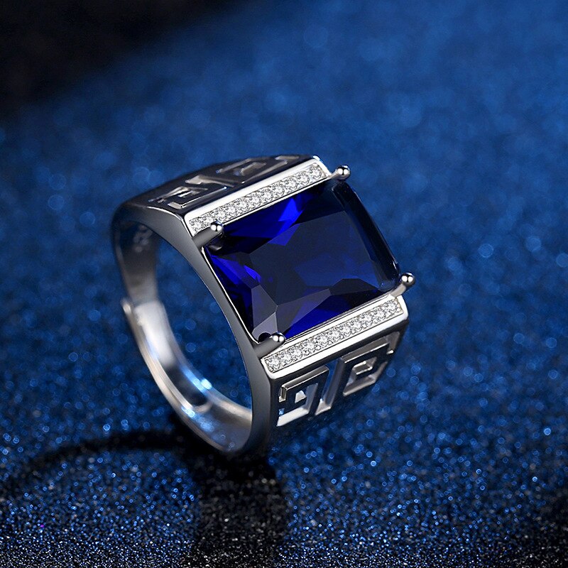 Classic Men's Silver Plated Ring Domineering Square Cut Blue Zircon Wedding Band Ring Business Finger Ring Male Jewelry