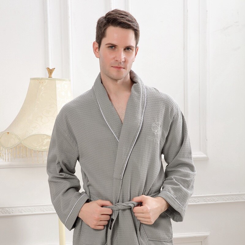 Bomull badekåpe menn kimono kappe pijamas lang myk varm xl sove salong peignoir nattkjoler elskere brudepike kapper sommer: Grå / Xxl