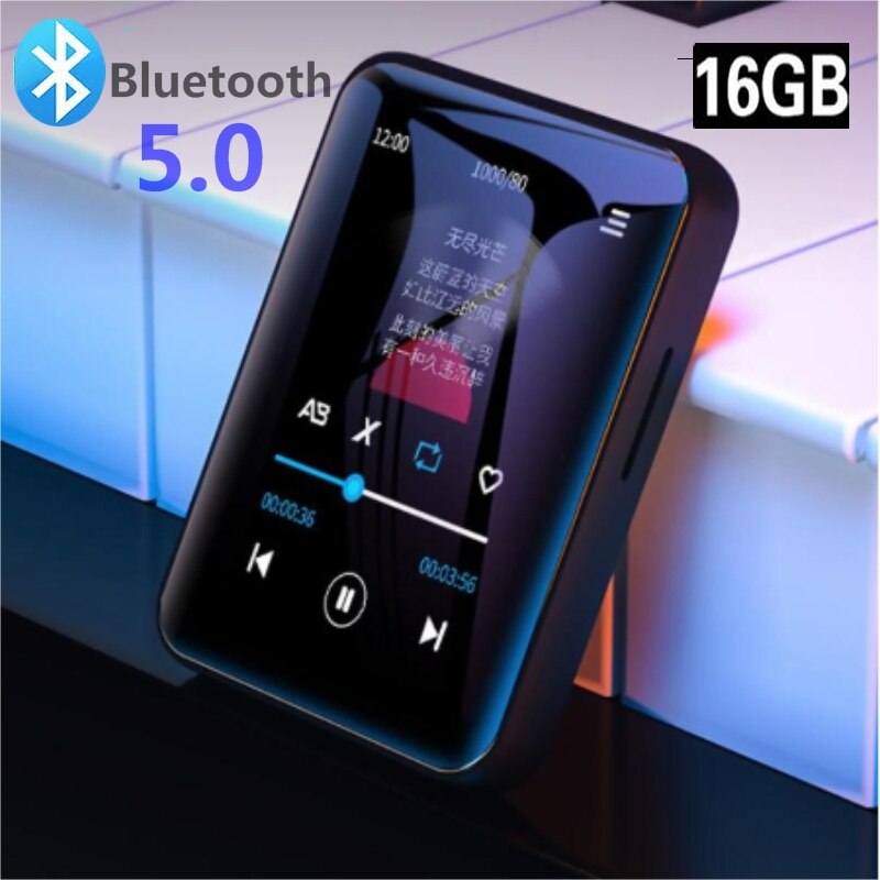 BENJIE X1 reproductor MP3 Bluetooth 5,0, Mini reproductor de música HIFI completamente portátil con pantalla táctil de 16GB con altavoz, Radio FM, grabación, E-book