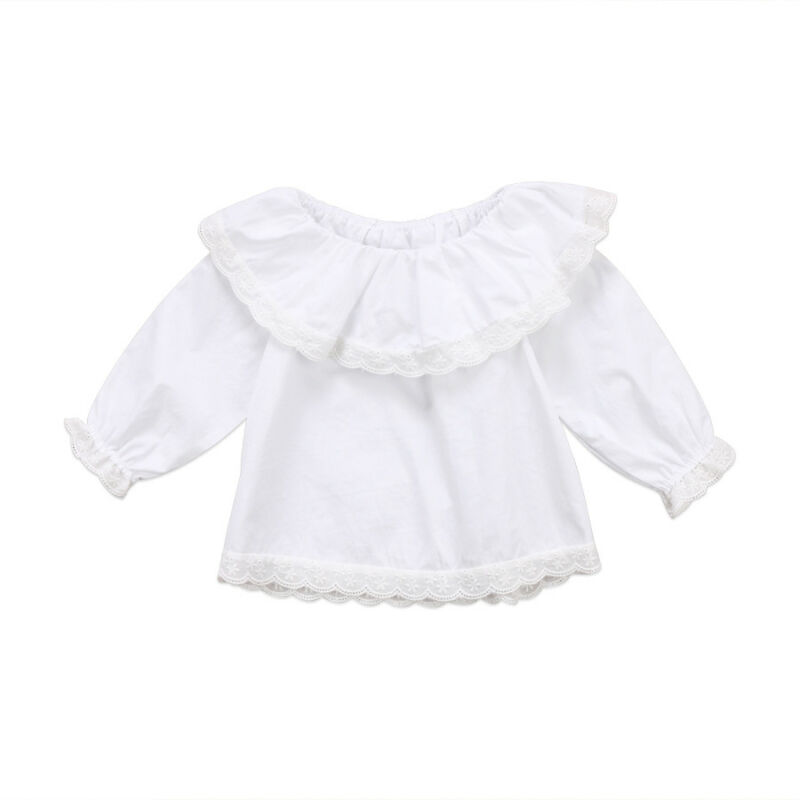 0-24M Newborn Toddler Infant Baby Girls Solid White Sweet Shirt Lace Long Sleeve Tops T-shirts Clothes