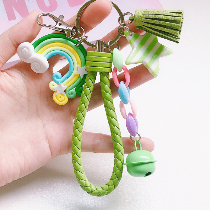Porte-clés arc-en-ciel mignon, bracelet en cuir, corde tressée, pompon, pour femmes et filles, cloche étoile, sucette, accessoires de sac,: Autre