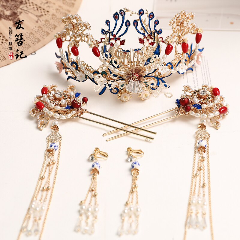 Hanfu tocado mujer antigüedad precioso Phoenix Crown accesorios para el cabello conjunto Kanzashi paso sacudida perla borla adornos para el cabello: Set B