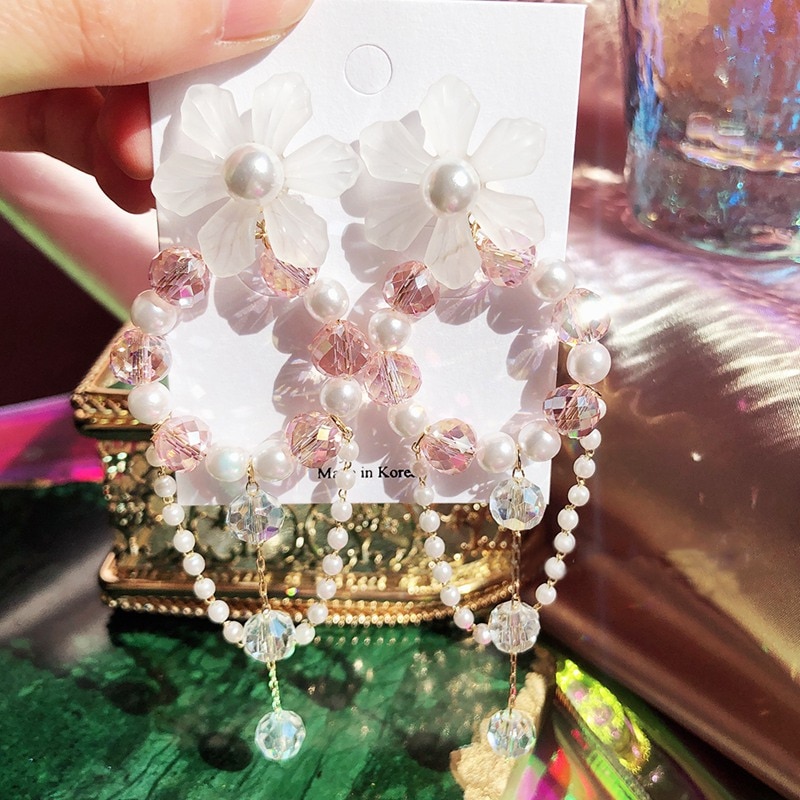 Mengjiqiao chegou novo coreano elegante acrílico flor gota brincos rosa grânulos borla pendientes mujer moda instrução jóias
