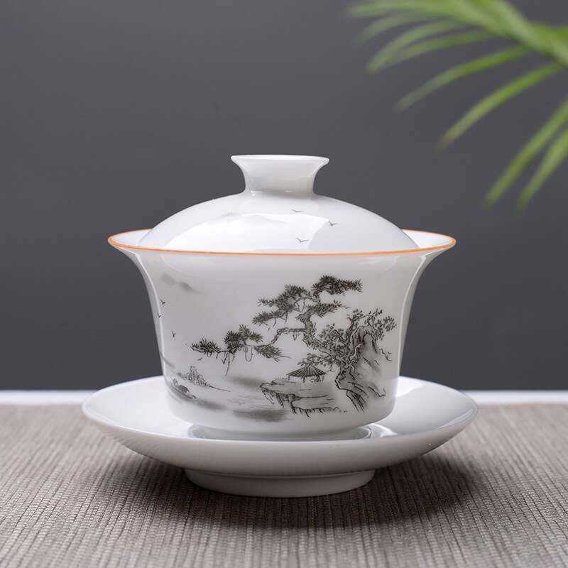 white bone china Gaiwan Tea Set,White Kung fu tea set,Travel Ceramic Tea Set,Chinese Porcelain Gaiwan cup: 02