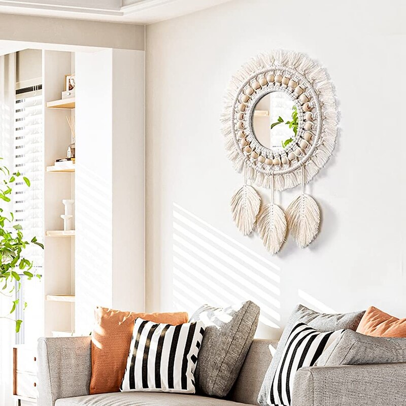 Round Macrame Mirror Wall Hanging Boho Home Decor Decorative Wall Mirrors For Living Room Bedroom Baby Nursery Decor