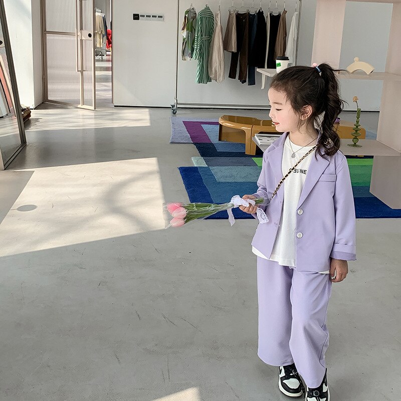Lente Kinderen Casual Pak Outfits Mode Effen Kleur Pak Jas En Wijde Pijpen Broek 2 Stuks Meisjes Kleding Sets: 4T