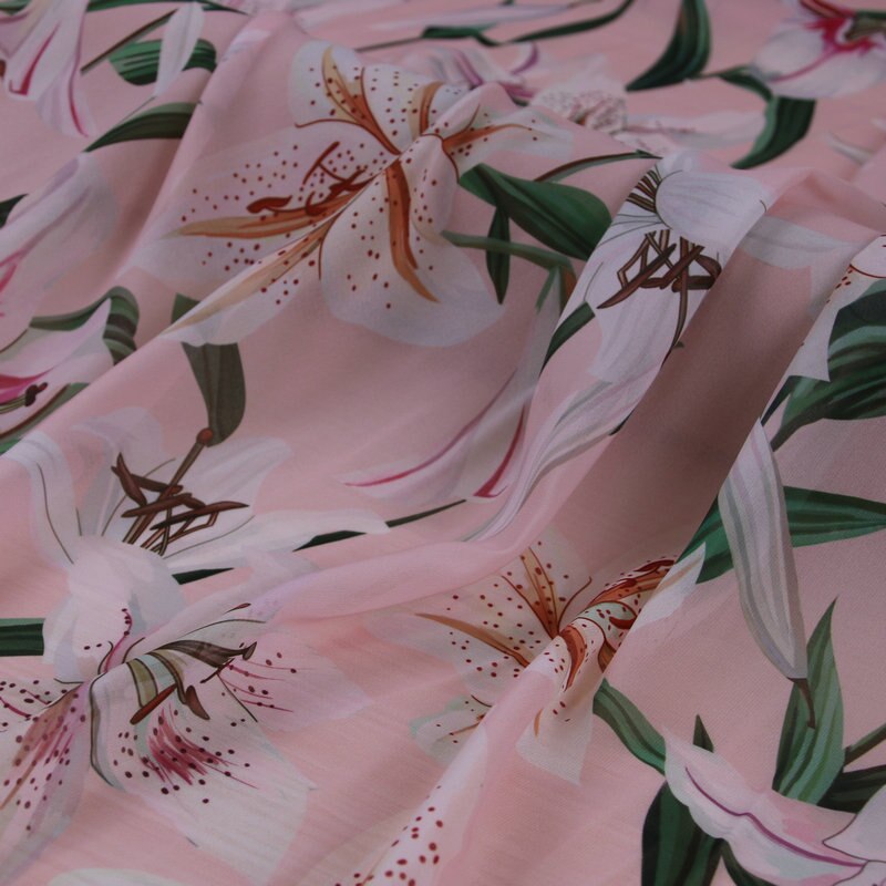 Rosa blume druck seide Chiffon stoff, weiche Chiffon dünnen stoff für kleid, lange Strand kleid Chiffon kleidung tissu au Meter