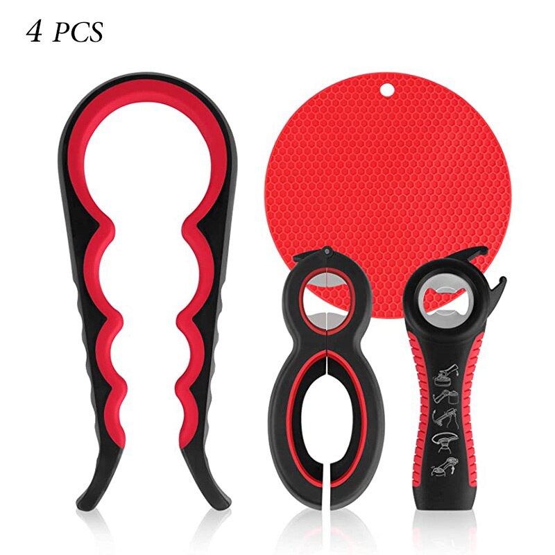 Potopener voor multifunctionele 6-in-1 flesopener Potdekselopener, 4-in-1 potopener en antislip deksels Opener Grijper