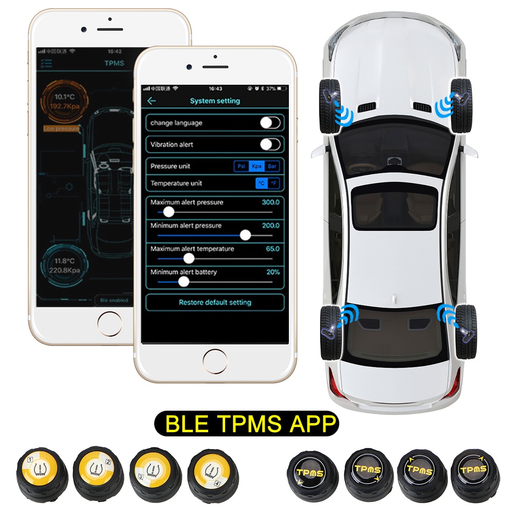Bluetooth 4.0 5.0 Tpms Auto Tire Pressure Monitoring Systems Alarm Bandenspanning Sensor Universele Android Ios Ble Tpms Waterdicht