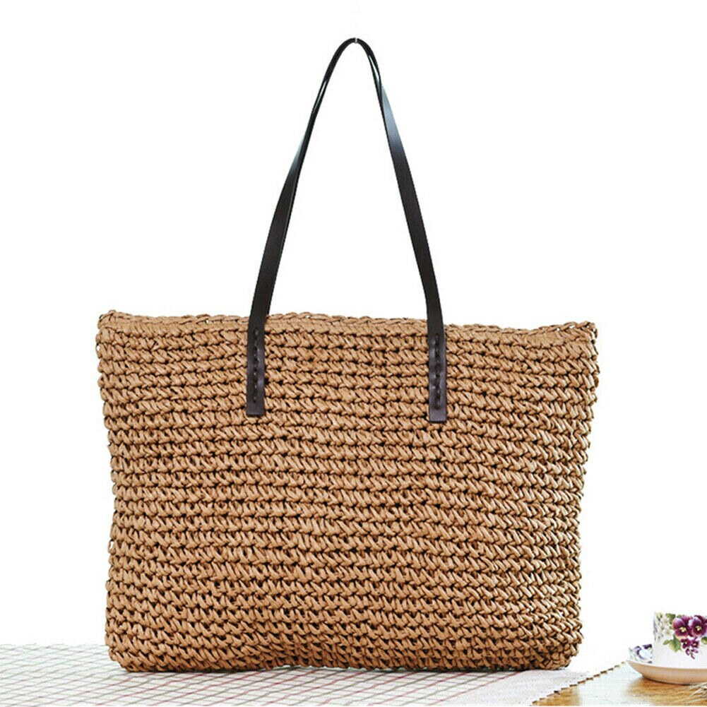 Casual Women Handbag Summer Beach Vintage Handmade Knitted Straw Rattan Bag Large Shoulder Bags Boho Woven Handbag: 1