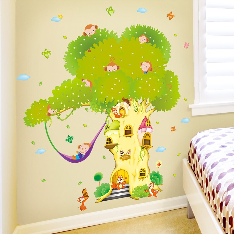 Apor träd väggdekaler pvc material gör-det-själv-djur väggkonst för barnrum baby sovrum barnkammare dekoration