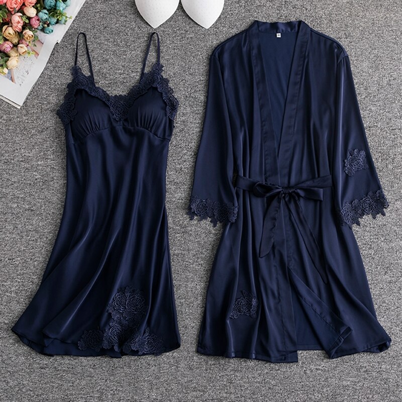 Pink Silk Rayon Nighty&amp;Robe Set Nightgown Sexy Lace Wedding Robe Sleepwear Spring Summer Kimono Bathrobe Gown Loose Home Dress: Navy Blue Robe Set B / XL