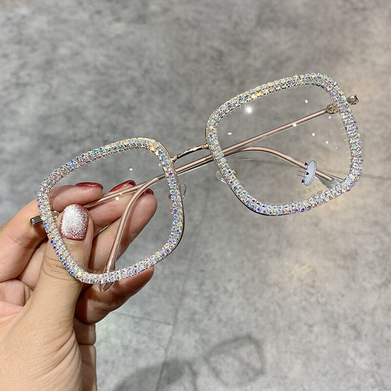 Blue Light Glasses Prescription Eyeglasses Square Oversized Rhinestone Eyewear Frame for Women Men