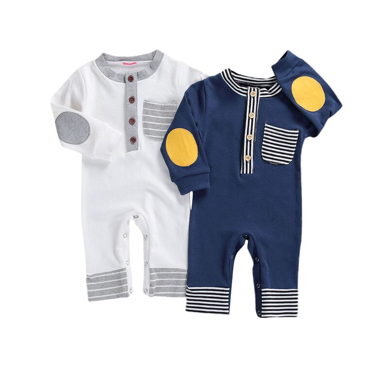 0-24M Pasgeboren Baby Jongens Gestreepte Romper Met Pocket Knop O-hals Jumpsuit Voor Baby Peuter Kids Lente Herfst jumpsuits