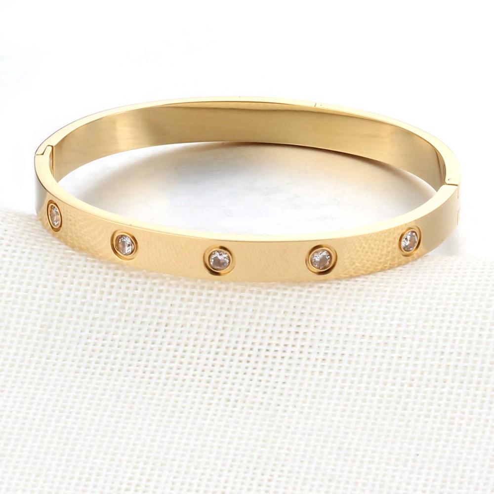 Pulseras de tornillo para amantes de las mujeres pulseras y brazaletes de acero inoxidable piedra de cristal 3 colores mujer joyería (BA101759): gold