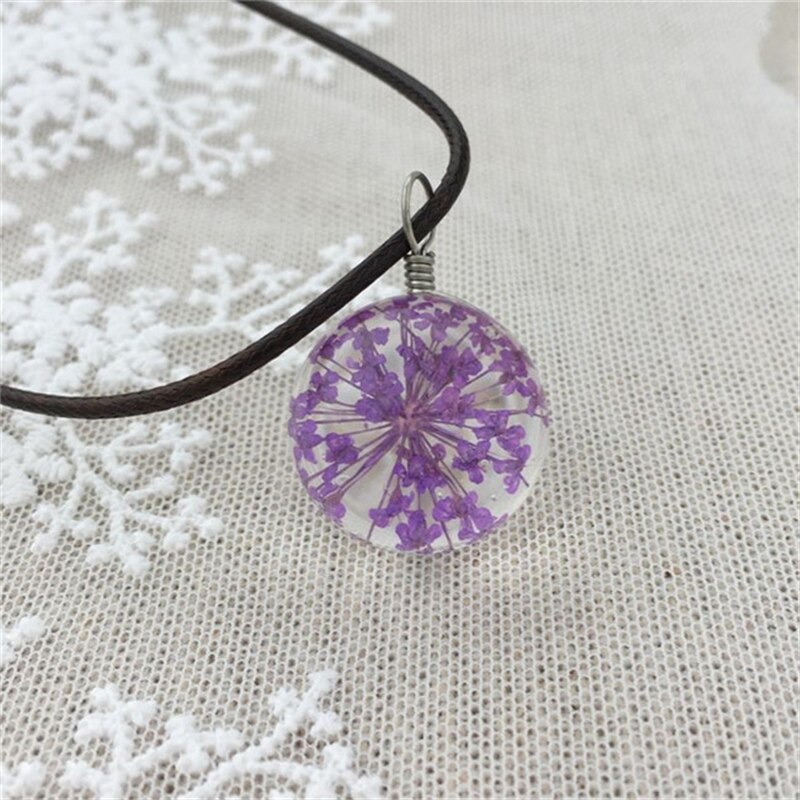 Runde Löwenzahn getrocknete Blume Anhänger Halskette Charme natürliche Löwenzahn Glas Cabochon transparent Glücklich Wunsch Glaskugel Schmuck: Rhodium überzogen
