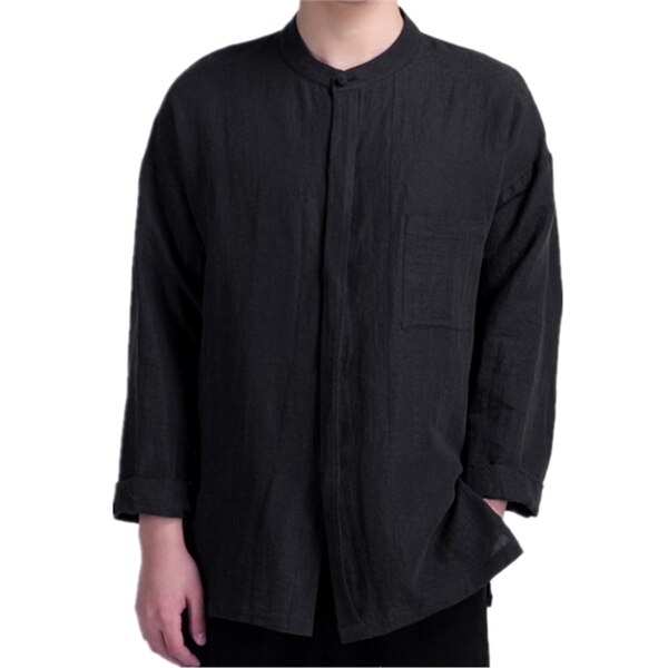 Chinese Style Kung Fu Clothes for Men Tang Suit Retro Long Sleeve White Solid Mandarin Collar China Shirt Top Hanfu: Black / XL