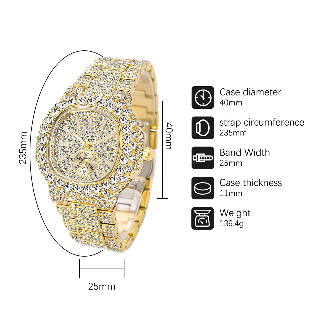 Lyxig iced klocka herrklocka i rostfritt stål guld armbandsur hiphop diamant bling smyckesklocka för män reloj hombre