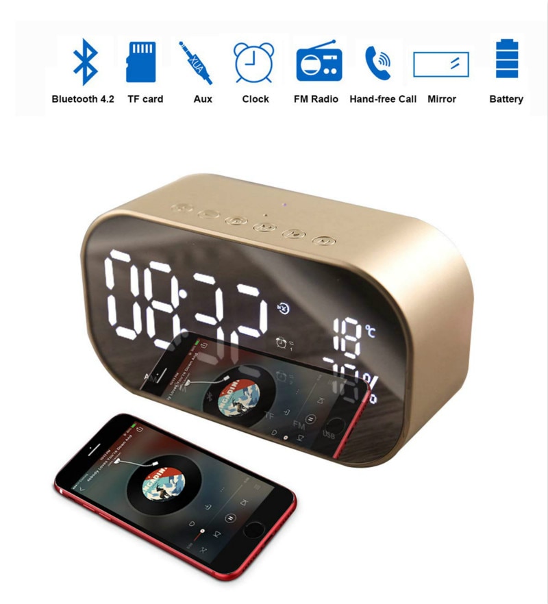 Led Wekker Met Fm Radio Draadloze Bluetooth Speaker Spiegel Display Ondersteuning Aux Tf Usb Muziekspeler Draadloze Voor Kantoor thuis