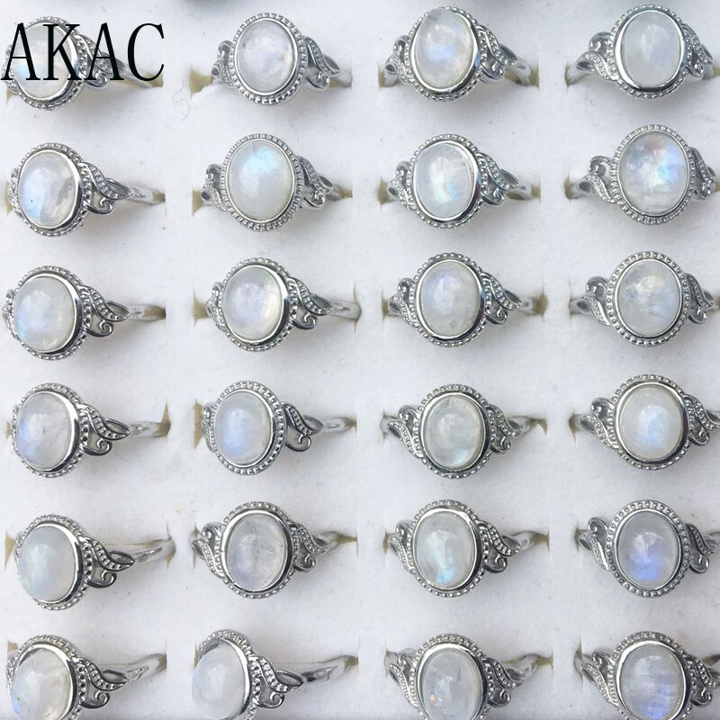 3pcs/set AKAC natural rainbow moonstone adjustable ring for women white copper ring send randomly