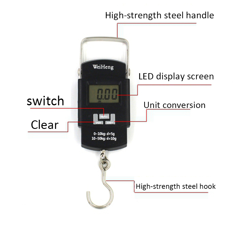 Junejour 50Kg/10g LCD Digitale Bagage Schaal draagbare Backlight Opknoping Haak Elektronische Weegschaal Vissen Reizen Gewicht Balance schaal