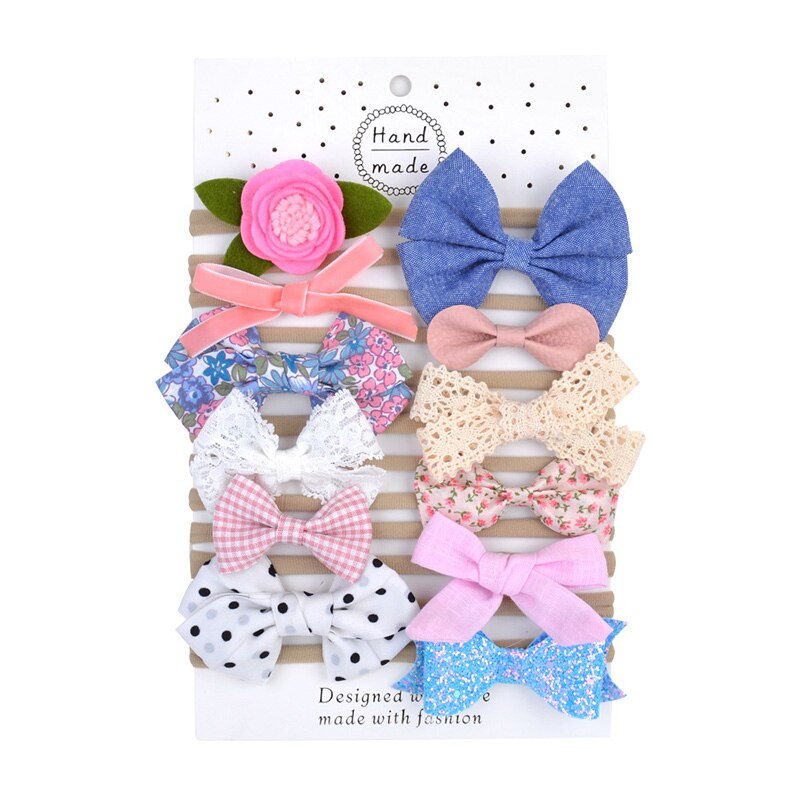 10/12 Pcs/Set Bows Bloem Zachte Nylon Elastische Pasgeboren Baby Meisje Hoofdbanden Strik Kant Bloemen Baby Haar Accessoires: 12pcs 01