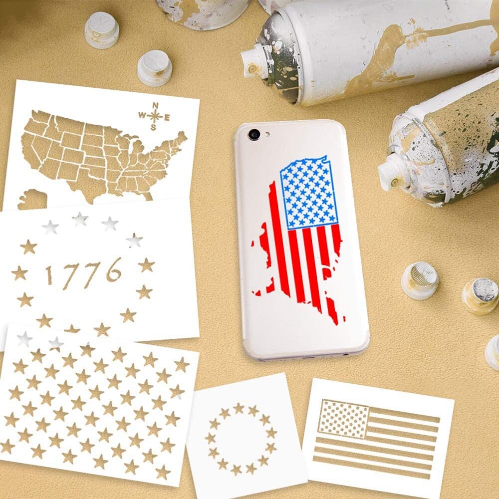 7PCS Plastic Stencil Template U.S 50 Star Maps Flags Star Stencils for Glass and Wall Art Graffiti Drawing Painting