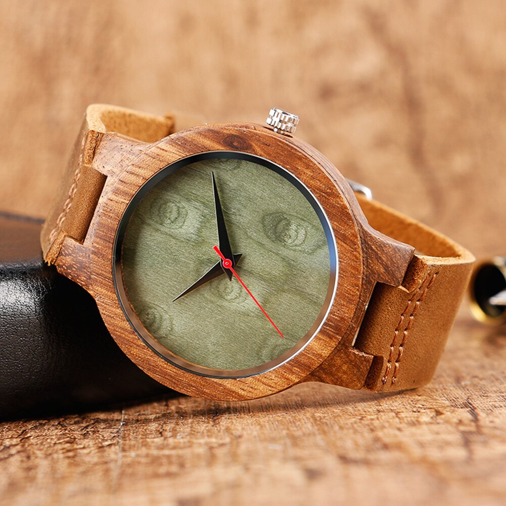 Unisex houten ronde wijzerplaat, kunstleren band, geen nummer, analoog quartz polshorloge, quartz horloges in hout, klok, paarhorloge