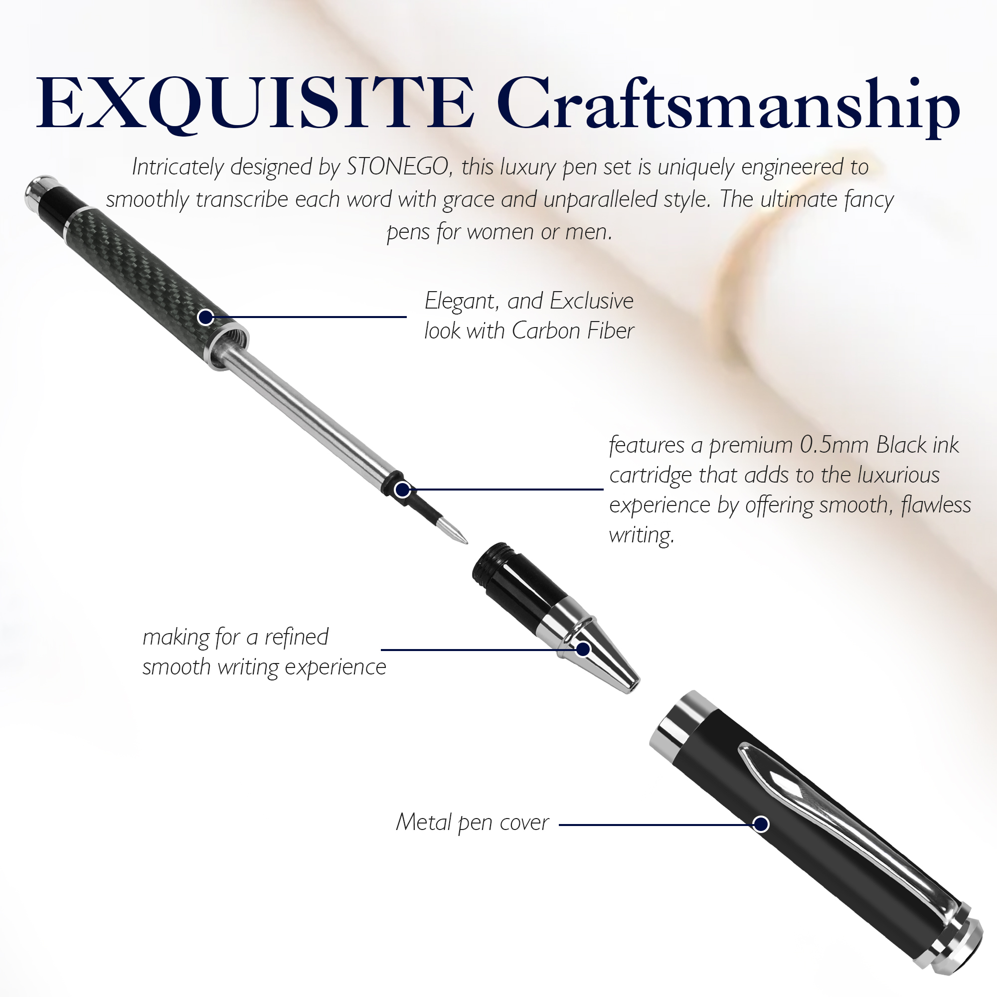 STONEGO stylo Signature en Fiber de carbone, stylos à encre Gel en métal de supérieure Micro Point 0.5mm stylo à bille d'écriture lisse à encre noire