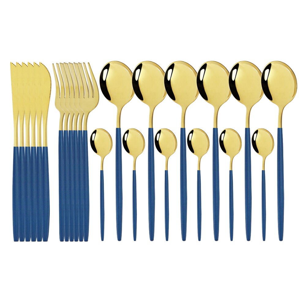 Pink Gold Cutlery Set Stainless Steel Dinnerware Set 24Pcs Knives Forks Coffee Spoons Flatware Set Kitchen Dinner Tableware Set: Blue Gold