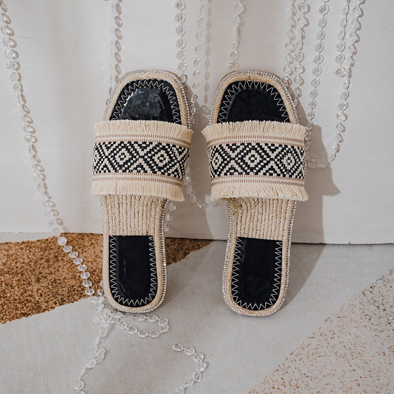 Straw woven slippers outer wear flat bottom sandals