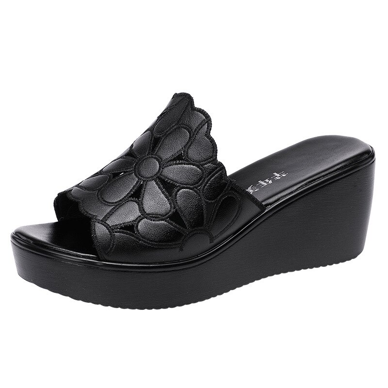 Kilehæl sandaler kvinder sommer platform hule blomster sandaler stor størrelse 41 43 komfortable sorte sko med åben tå til kvinder