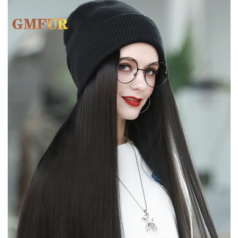 Sombrero con pelucas de pelo para mujer, pelo largo y liso, sintético, cálido y suave, gorro de punto, todo en uno, con sombrero