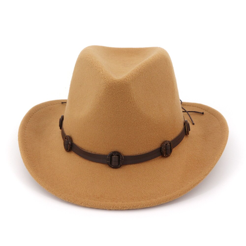 Western Cowboy Cowgirl Fedora Hats with Leather band Men Women Wide Brim Sunhat Felt Jazz Panama cap Trilby Party Fedoras: camel