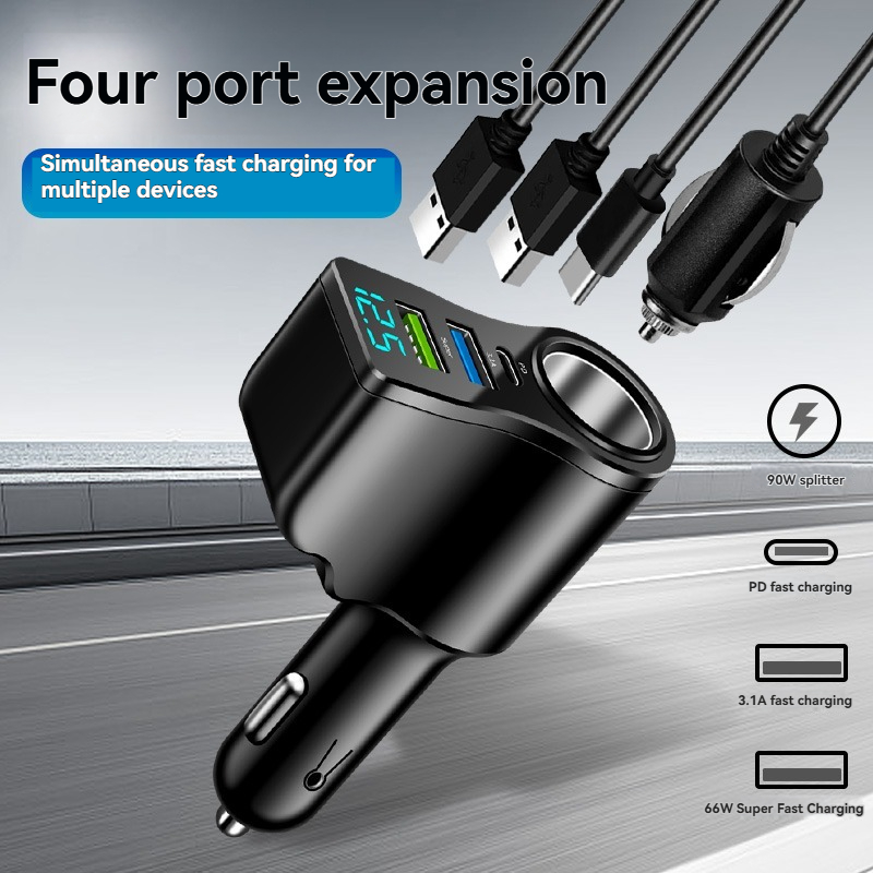 4-in-1-Multi-USB-Autoadapter, Steckdosenverteiler mit 2 USB-Anschlüssen, 12 V/24 V Dual USB Plus Typ-C PD Schnellladeadapter
