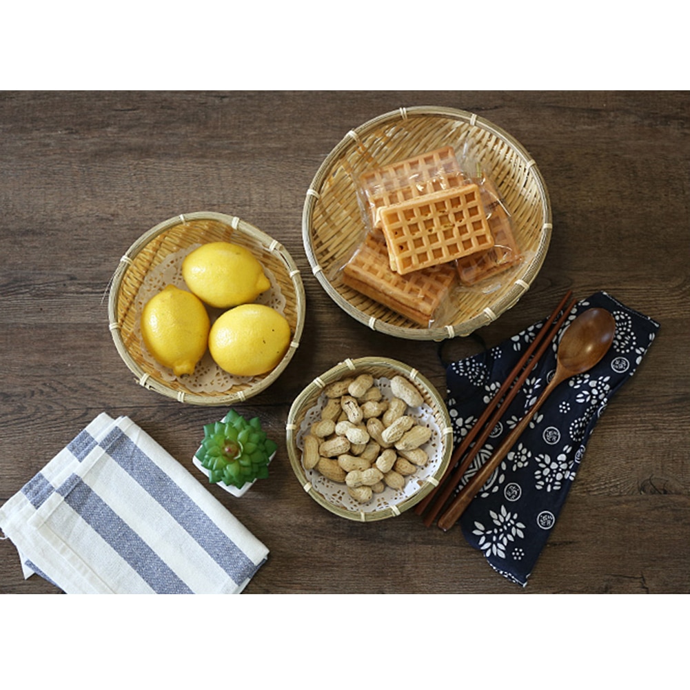 Handmade Bamboo Weaving Round Storage Basket Fruit Basket Rattan Bread Basket For Kitchen Food Picnic Mini Container Diameter