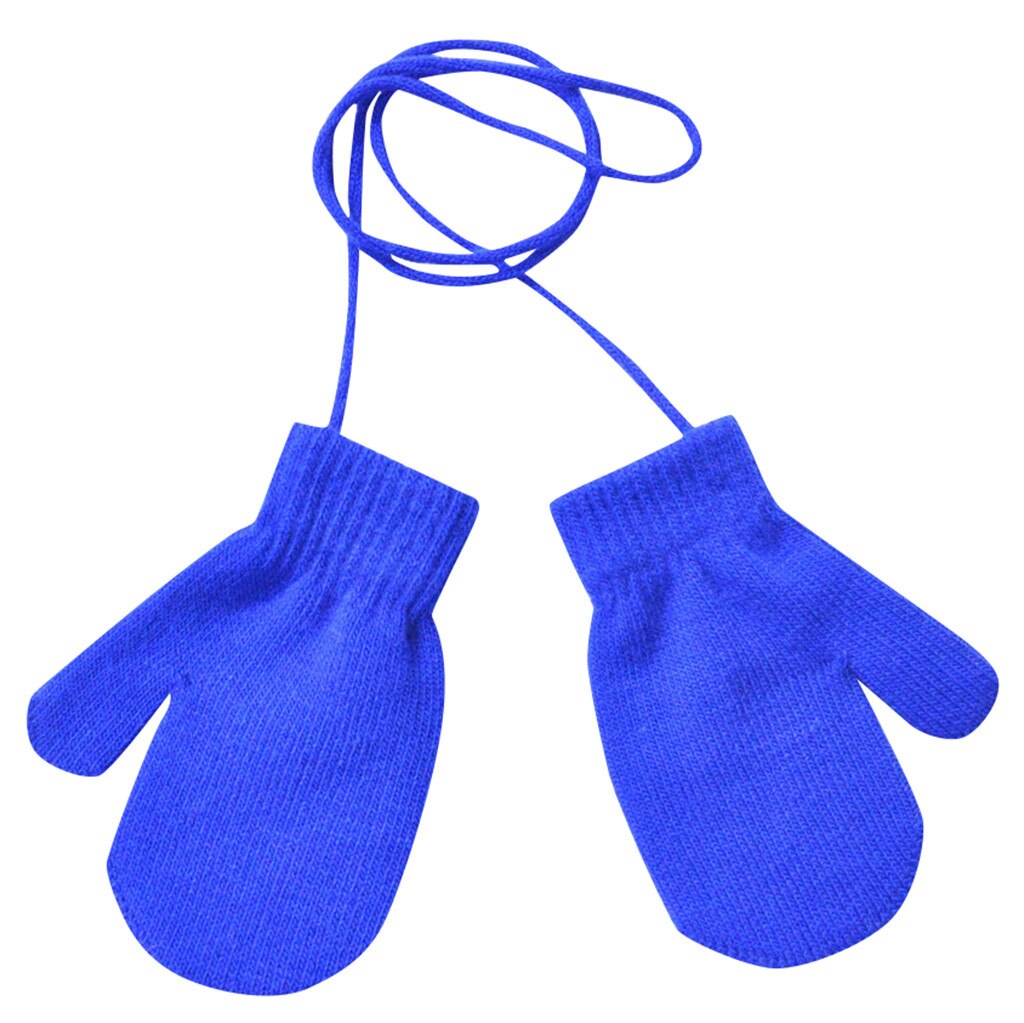 Kinderen Solid Dikke Gebreide 1-4Years Handschoenen Kinderen Winter Warm Solid Gebreide Leuke Met String 6 Kleuren Handschoenen Варежки Зимние: Blauw