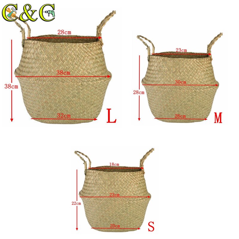 Folding Flower Pot Plant Straw Storage Seagrass Baskets Flower Vase Handmade Hanging Basket Flower Home Decor