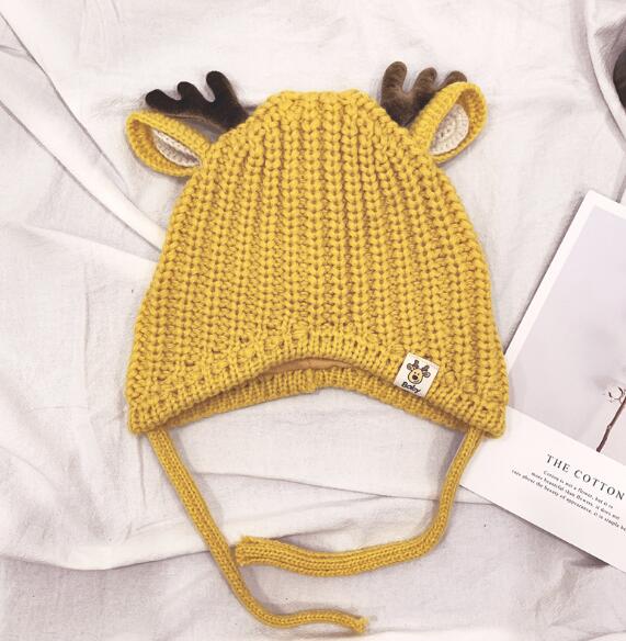 Baby Boys Girls Reindeer Beanie Hat Kids Christmas Hats Knit Cap Elk Horn Winter Hat: Yellow