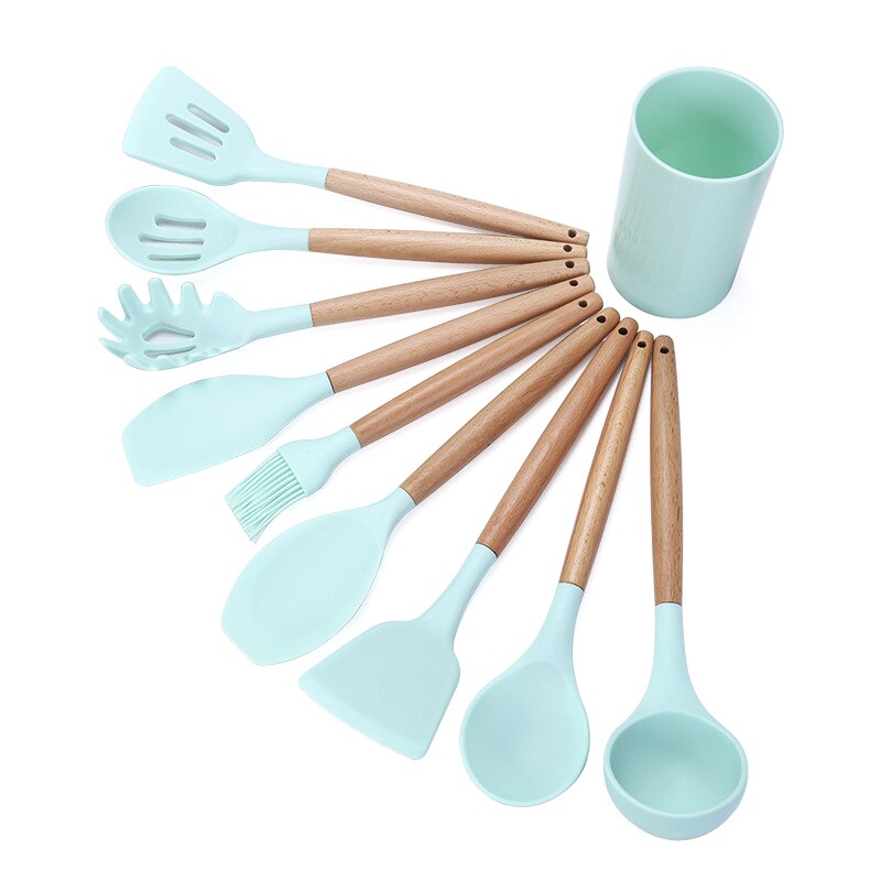 Silicone Kitchen Utensil Set 11 Pieces Kitchenware Set with Wooden Handle Nonstick Cookware, Green