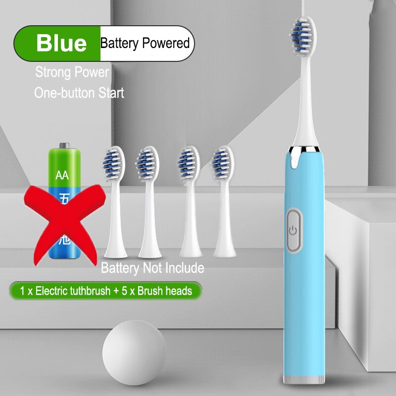Electric Toothbrush Battery Power Washable Whitening Relax Teeth Brush Ultrasonic Electric Toothbruth USB Rechargeable Adult: Blue 5 head