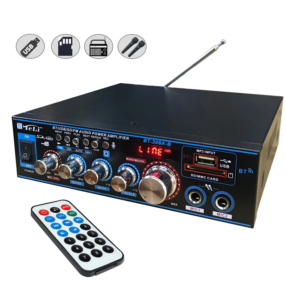 Home Audio Amplifier 100W Bluetooth 5.0 Class D Power Speaker Amp 2 Channel Support Bluetooth MIC RCA Recording FM Amplifiers